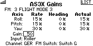 Detail menu AS3X - letový režim 3 a 50% zisk