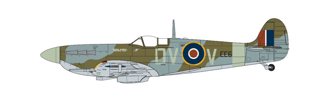 Supermarine Spitfire Mk.Vc, prezentační letoun 'Central Railways Uruguayan Staff', č. 129 (Mysore) Squadron, Royal Air Force Ibsley, Hampshire, Anglie, 31. května 1943. (A)