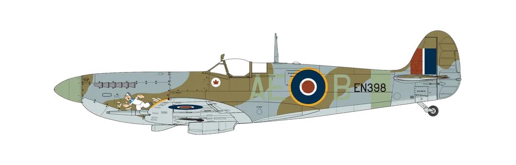 Letadlo Supermarine Spitfire Mk.IXc pilotované leteckým poručíkem Ianem Keltiem, 402. squadrona „City of Winnipeg“, Royal Air Force Kenley, Surrey, Anglie, březen 1943.