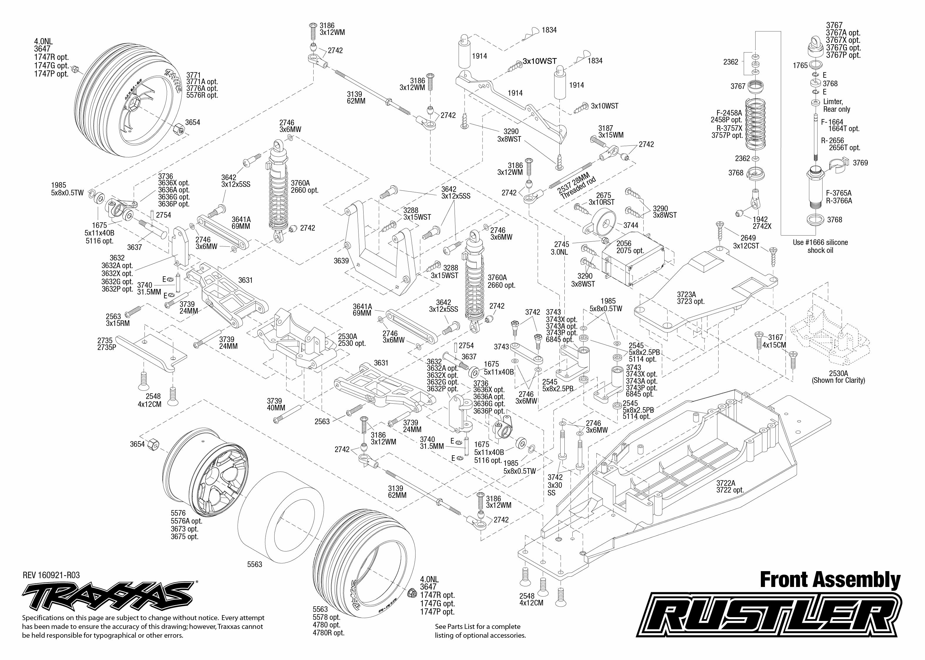 Exploded view: Traxxas Rustler 1:10 TQ RTR - Front part | Astra