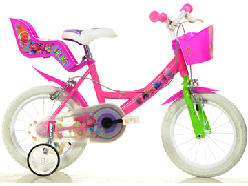 DINO Bikes - Dětské kolo 14" Trolls se sedačkou pro panenku a košíkem / DB-144RTRO