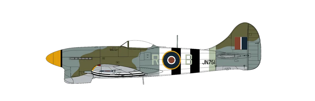 Letoun Hawker Tempest Mk.V pilotovaný velitelem křídla Rolandem Prosperem "Bee" Beamontem No.150 Wing, Newchurch, Kent, Anglie červen 1944