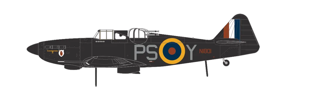Boulton Paul Defiant NF.I Letadlo pilotované létajícím důstojníkem Frederickem Desmondem Hughesem a seržantem Fredem Gashem (střelec), 264. peruť, Royal Air Force Duxford, Cambridgeshire, Anglie, duben 1941.