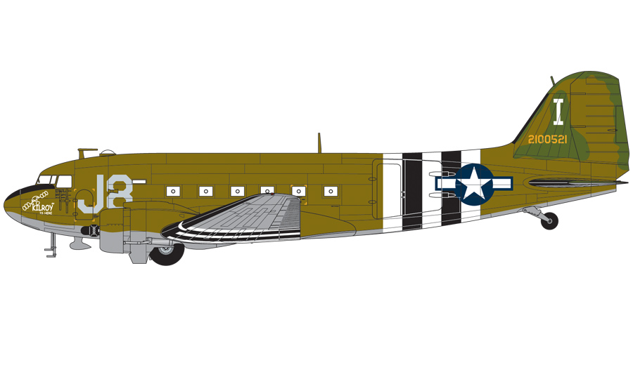 Douglas C-47D Skytrain, 41-2100521 Kilroy is Here, 92nd Troop Carrier Squadron/439th Troop Carrier Group, Operace Overlord, Upottery, Devon, Anglie, 6. června 1944