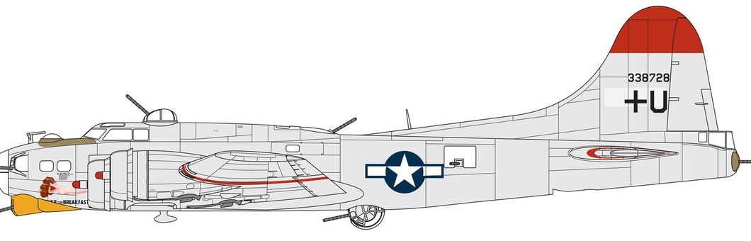 Létající pevnost Boeing B17G-95-BO 43-38728 $ 5 se snídaní, 851. bombardovací peruť, 490. bombardovací skupina, 8. letectvo, letectvo Spojených států, Royal Air Force Eye, Suffolk Anglie 1945