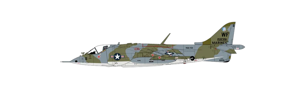 Hawker Siddeley AV-8A Harrier VMA-513 'Flying Nightmares', United States Marine Corps, MAS Beaufort (Merritt Field), Jižní Karolína, Spojené státy americké, 1973.