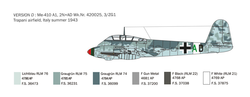 Me-410 A1, 2N+AD Wk.Nr. 420025, 3/ZG1 Trapani airfield, Italy summer 1943