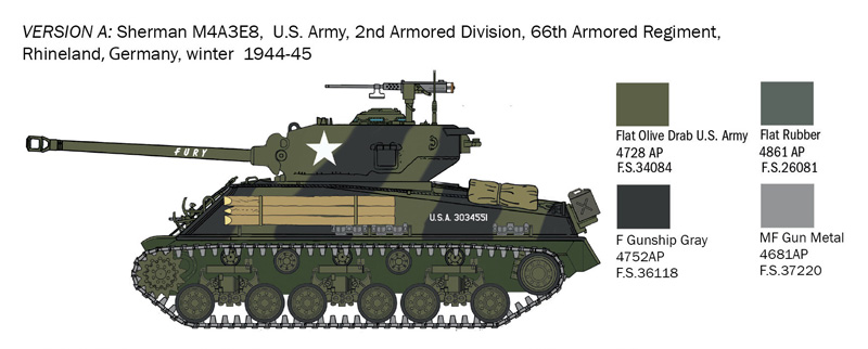Sherman M4A3E8, americká armáda, 2. obrněná divize, 66. obrněný pluk, Porýní, Německo, zima 1944-45
