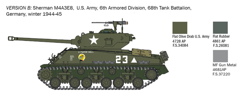 Sherman M4A3E8, americká armáda, 6. obrněná divize, 68. tankový prapor, Německo, zima 1944-45