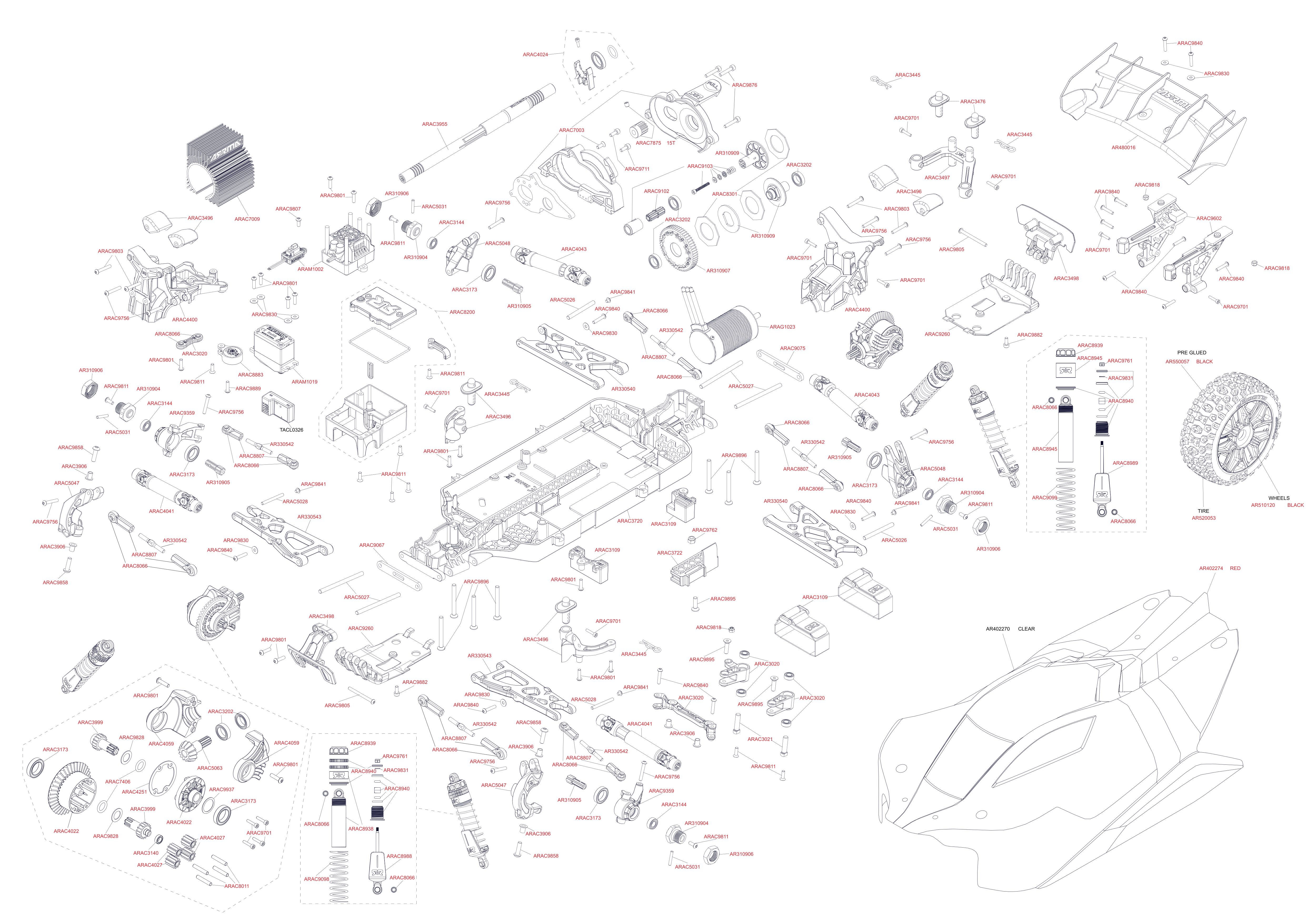 Exploded view Arrma Typhon 3S BLX 1 8 4WD RTR Chassis Astra
