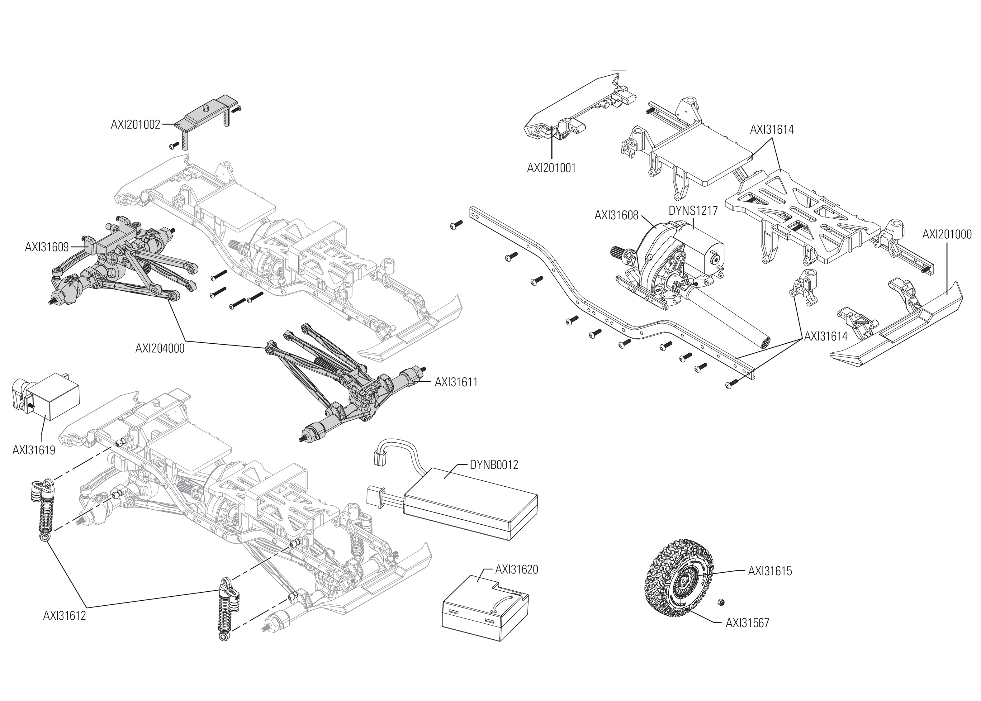 Exploded view: Axial SCX24 Jeep Wrangler JLU CRC 2019 1:24 4WD RT - Chassis  | Astra