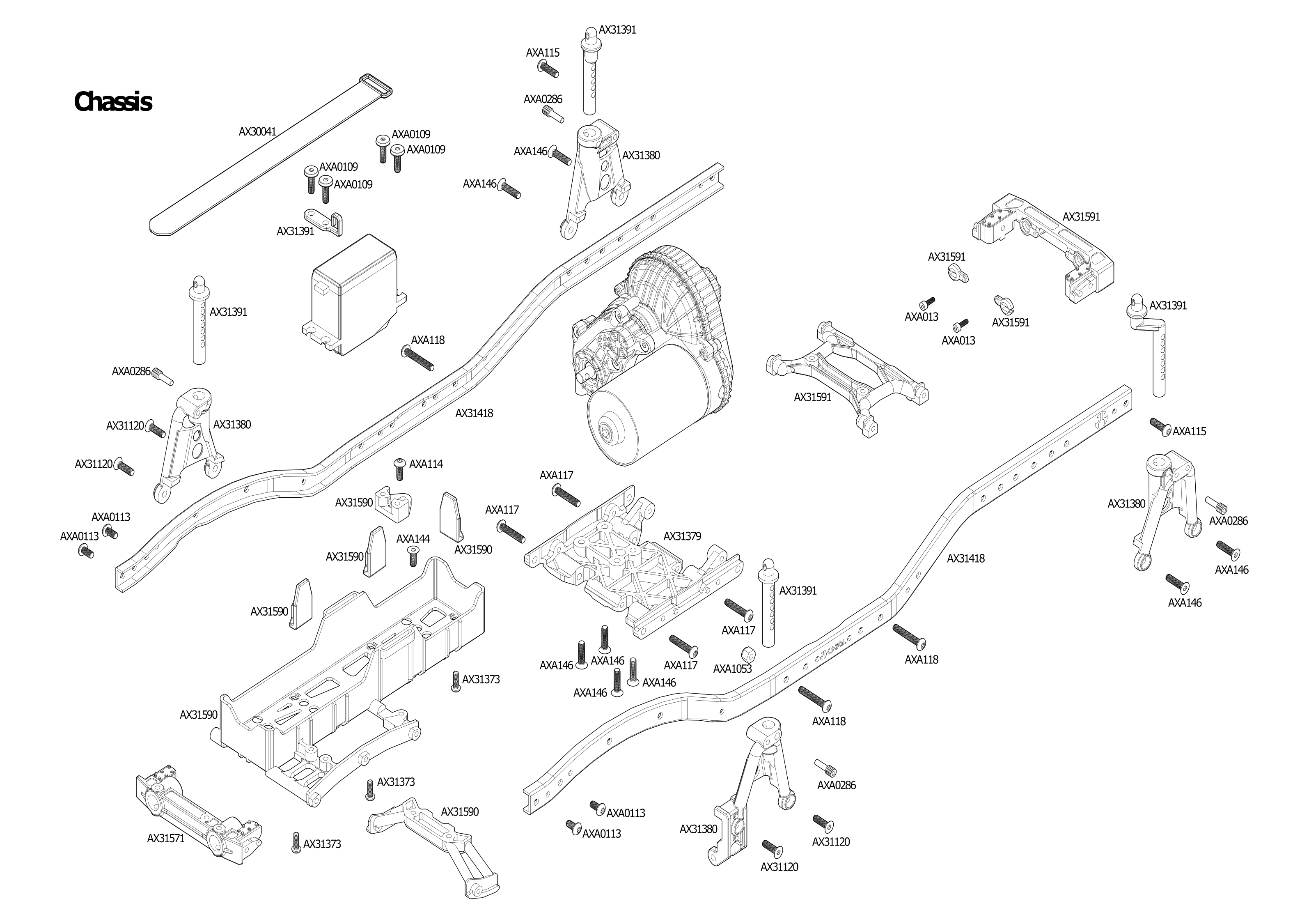 Exploded view: Axial SCX10 II 1:10 Raw Builders Kit - Chassis | Astra