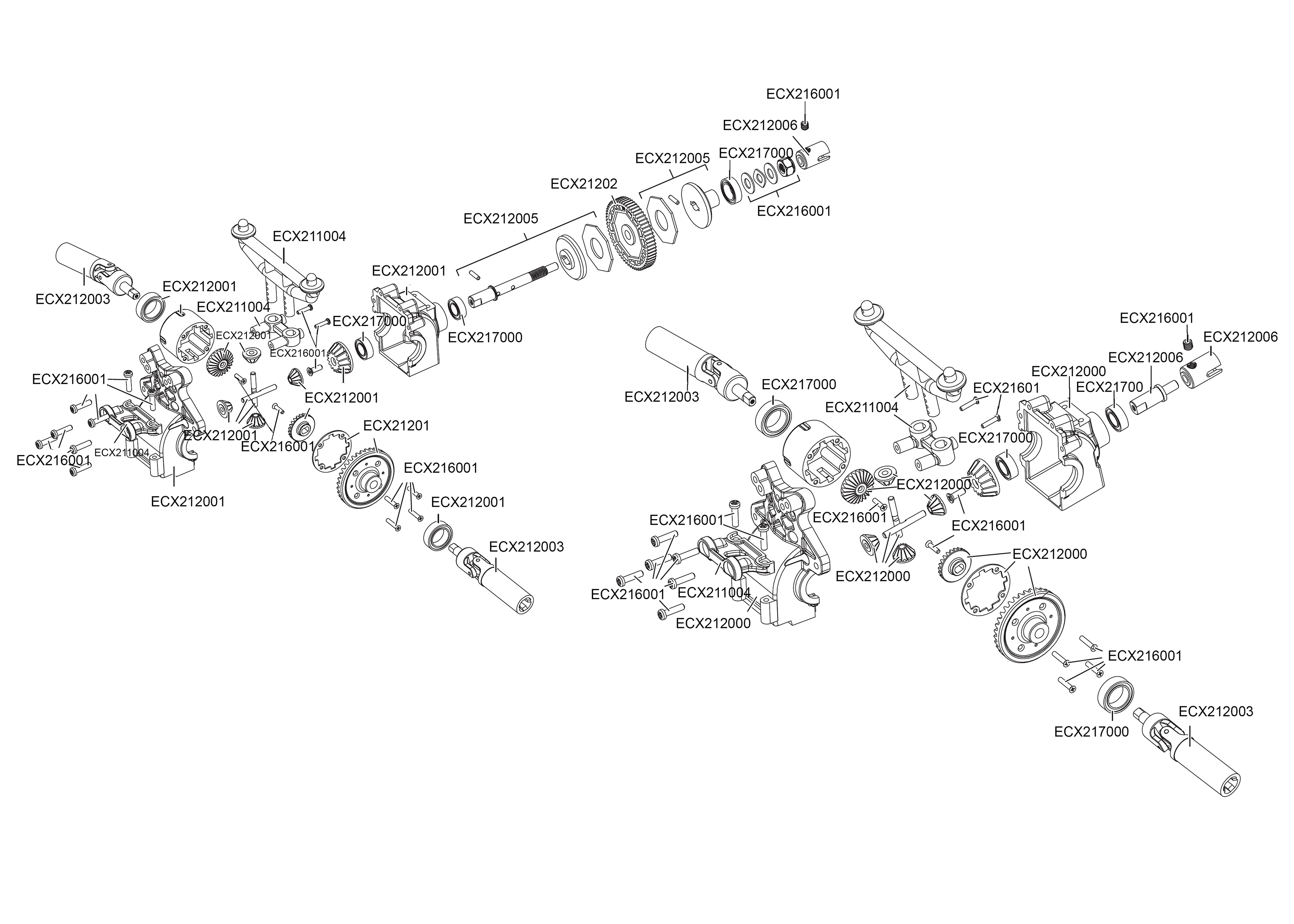 Exploded view ECX Ruckus Monster Truck 4WD 118 RTR Pohon Astra