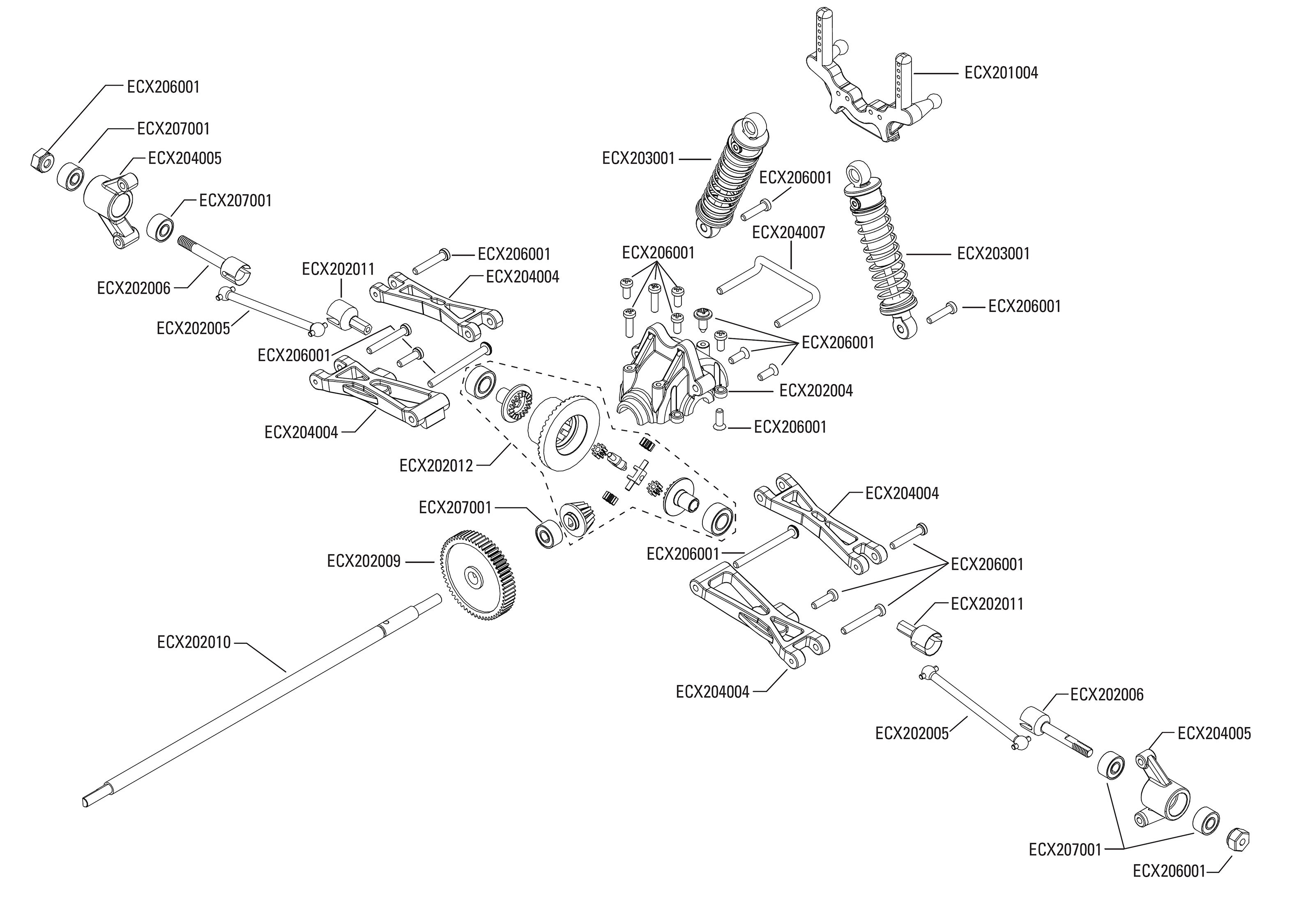 Exploded view ECX Roost Desert Buggy 1 24 4WD RTR Rear part Astra