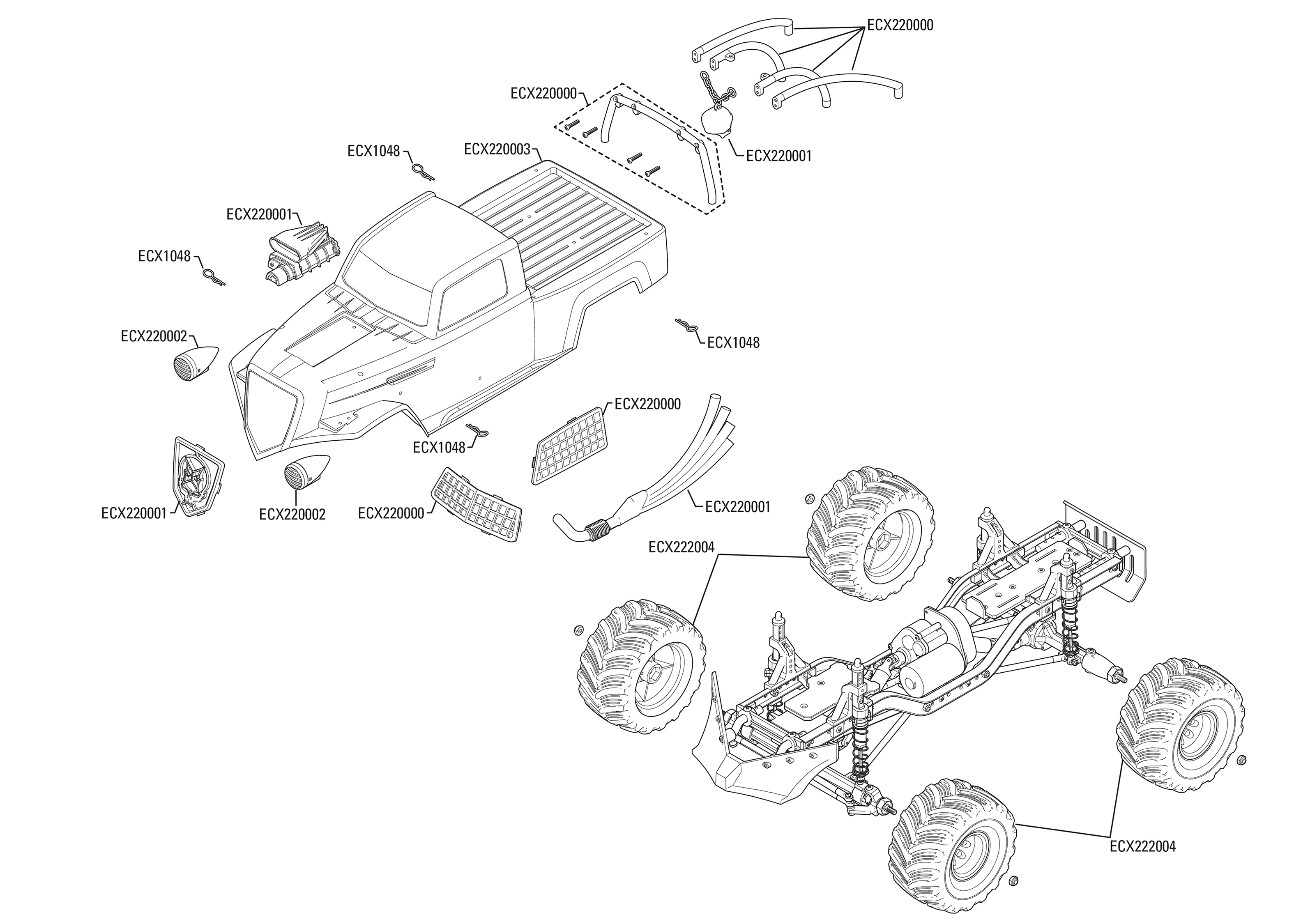 Exploded view: ECX Barrage Doomsday 1.9 1:12 4WD RTR - Body | Astra