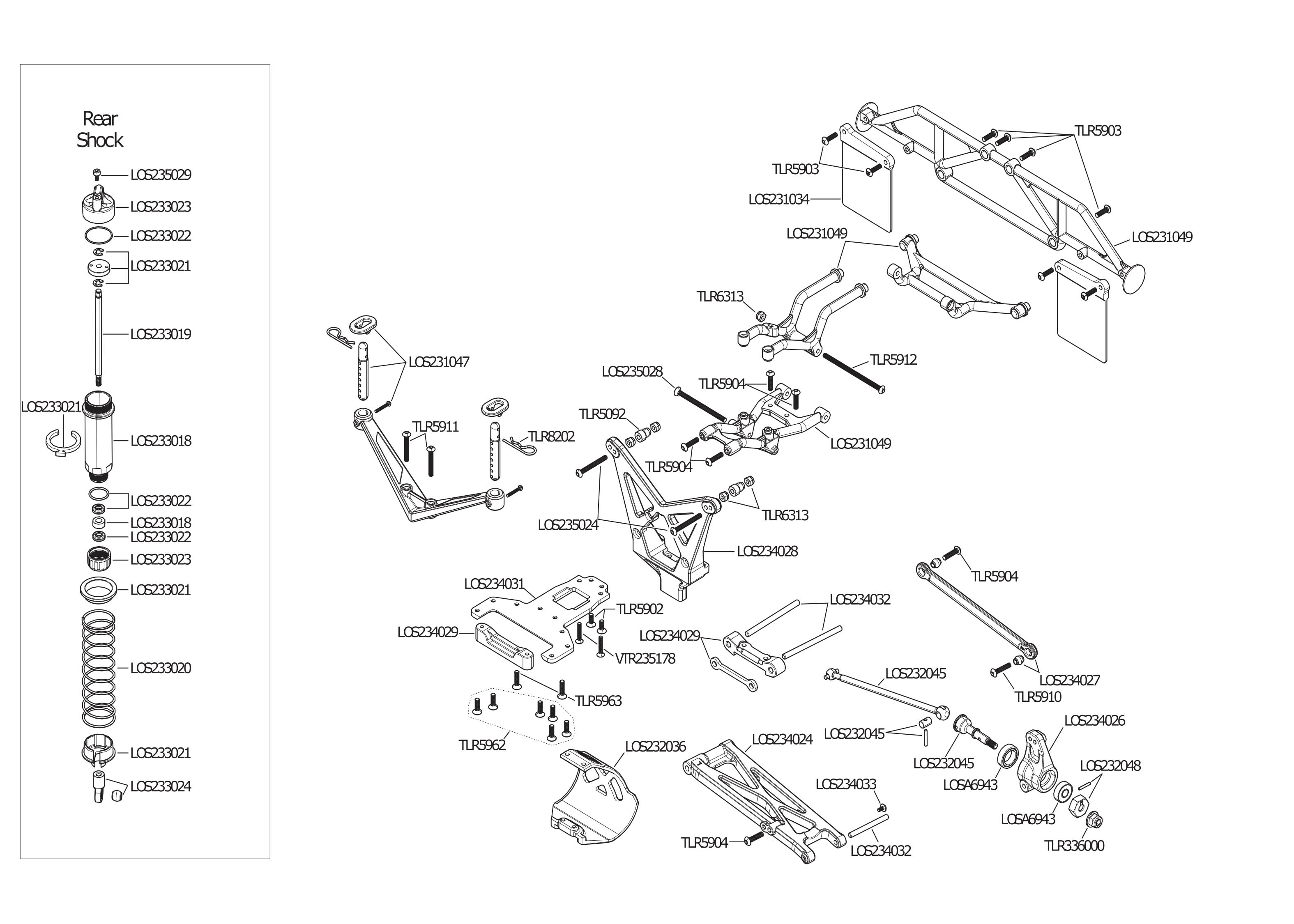 Exploded view Losi 22S SCT 110 RTR Rear part Astra