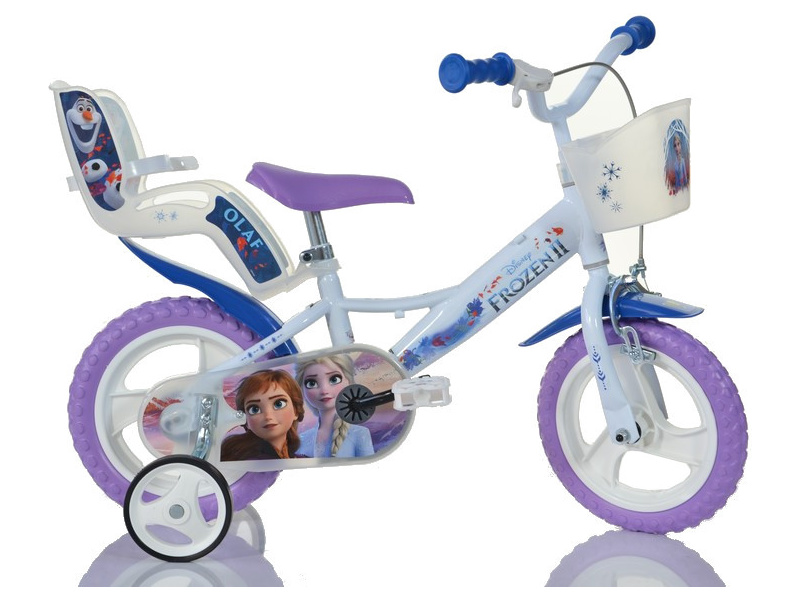 DINO Bikes - Dětské kolo 12″ Frozen 2 se sedačkou pro panenku a košíkem