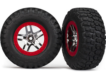 Traxxas Tires & wheels 2.2/3.0", SCT Split-Spoke chrome-red, KM2 S1 tire (2) (2WD front) / TRA5877R