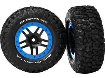Traxxas Tires & wheels 2.2/3.0", SCT Split-Spoke black-blue, KM2 tire (2) (2WD front) / TRA5885A