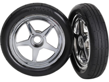 Traxxas Tires & wheels, 5-spoke chrome wheels, tires (2) (front) / TRA6975