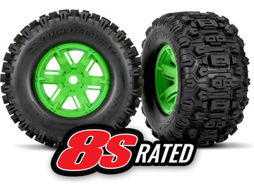 Traxxas Tires & wheels, X-Maxx green wheels, Sledgehammer tires (2) Traxxas Tires & wheels, X-Maxx green wheels, Sledgehammer tires (2) / TRA7774G