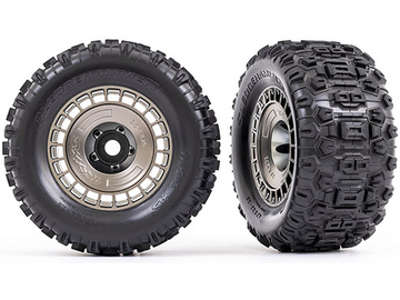 Traxxas Tires and wheels 3.8", satin black chrome wheels w/ covers, Sledgehammer tires (2) Traxxas Tires and wheels 3.8", satin black chrome wheels w/ covers, Sledgehammer tires (2) / TRA9572A