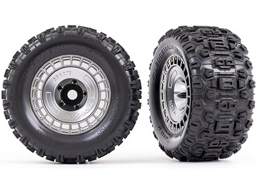Traxxas Tires and wheels 3.8", satin chrome wheels w/ covers, Sledgehammer tires (2) Traxxas Tires and wheels 3.8", satin chrome wheels w/ covers, Sledgehammer tires (2) / TRA9572X