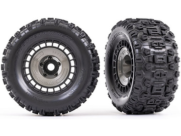 Traxxas Tires and wheels 3.8", black wheels, gray wheel covers, Sledgehammer tires (2) / TRA9572